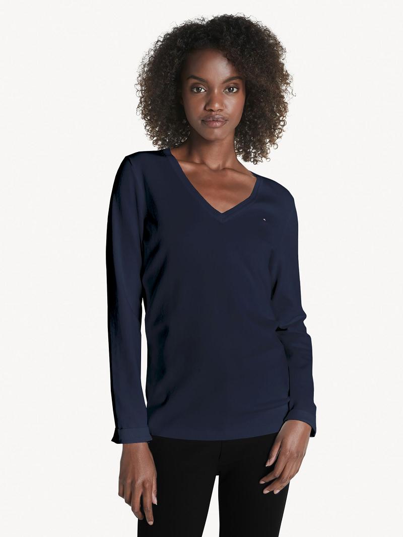 Női Tommy Hilfiger Essential Solid V-Neck Pulóverek Sötétkék | HU 351MQZ